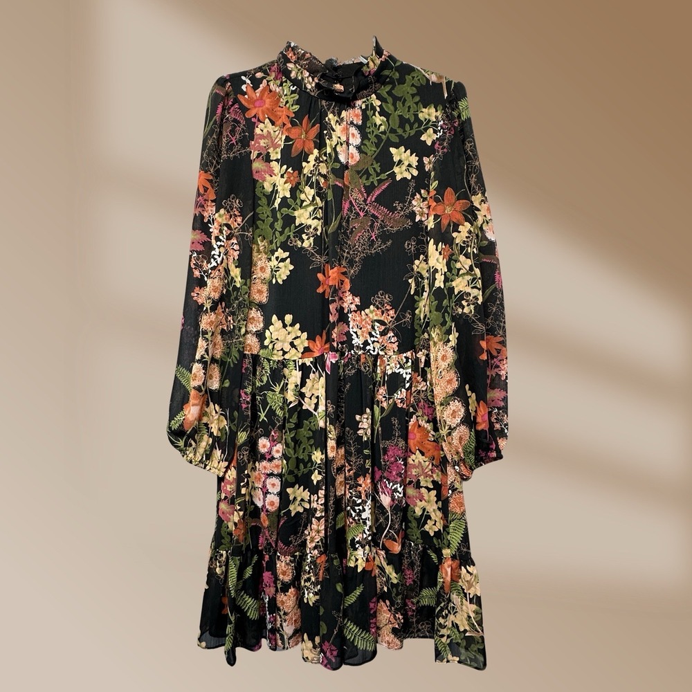 Melonie T Women's Black With Multi-Color Floral Print High Neck Dress Sz 2 NWOT